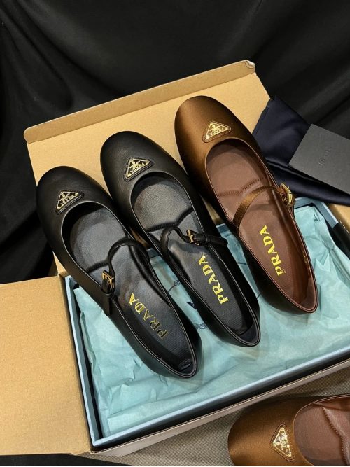 Prada Mary Jane Flats Leather and Satin Ballet Shoes Black and Brown