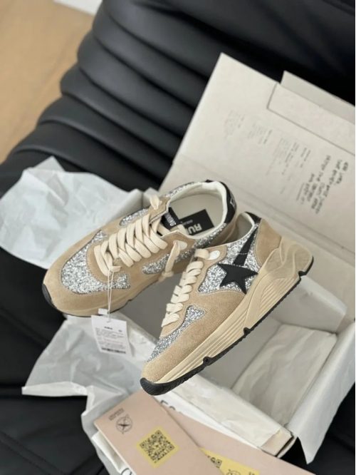 Golden Goose Running Sole Glitter Suede Sneakers Beige and Silver