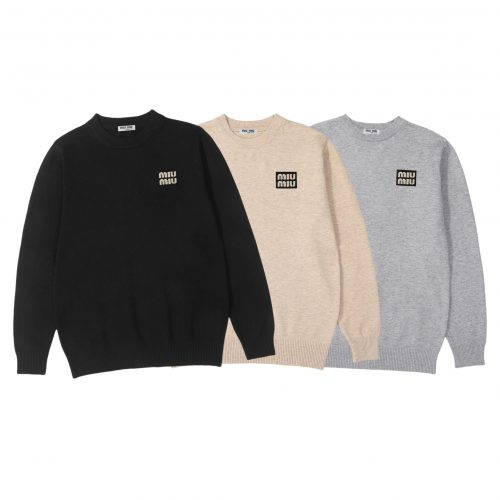 Miu Miu Embroidered Patch Knit Sweater Black Beige and Gray
