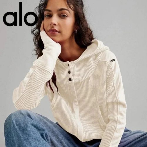 Alo Yoga Waffle Knit Henley Hoodie Thermal Sweatshirt White
