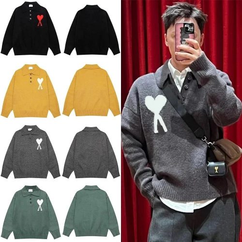 Ami Paris Ami Ami de Coeur Polo Sweater Knit Pullover Gray