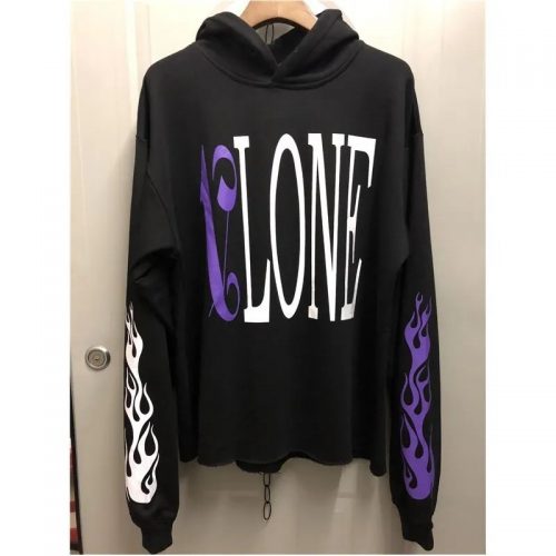 VLONE Flame Print Graphic Streetwear Hoodie Black