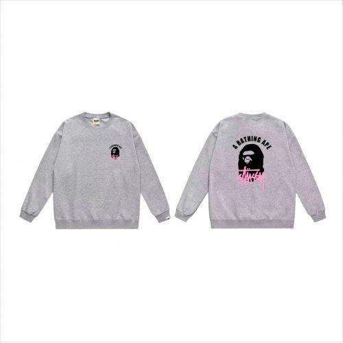 A Bathing Ape BAPE Ape Head Stussy Graphic Crewneck Sweatshirt Gray