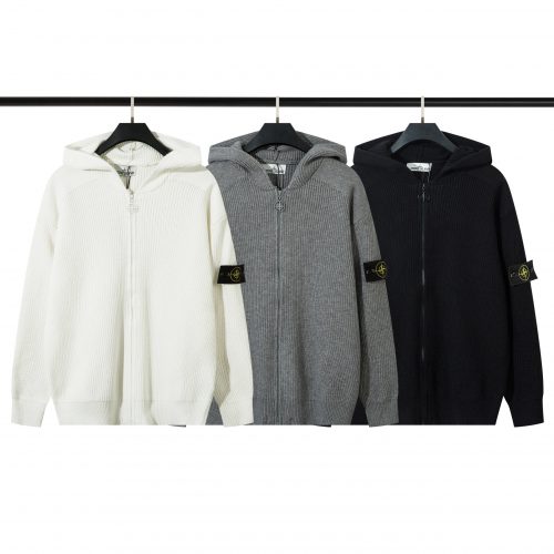 Stone Island Ribbed Knit Zip-Up Hoodie Cotton Sweater White Gray and Black