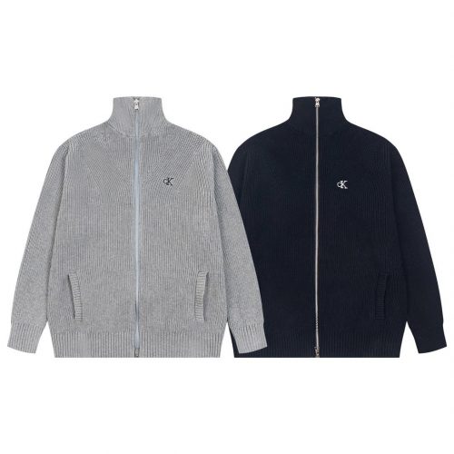 Calvin Klein CK Ribbed Knit Zip-Up Sweater Cardigan Gray and Navy