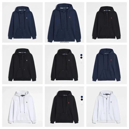 Polo Ralph Lauren PRL Zip-Up Hoodie Casual Cotton Sweatshirt Black White and Navy