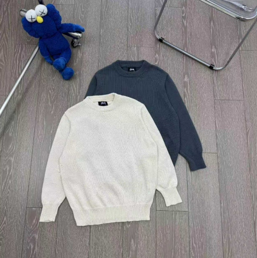 Stussy Knit Sweater Oversized Crewneck Pullover White and Gray