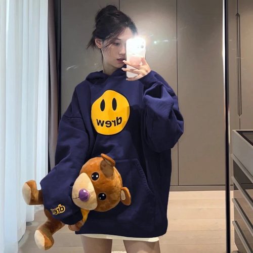 drew house Smiley Face Oversized Hoodie Navy Blue