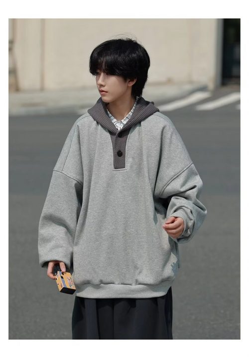 Design Button-Up Hooded Sweatshirt Oversized Pullover Gray