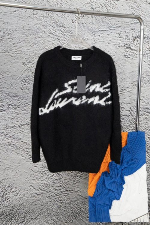 Saint Laurent YSL Script Logo Mohair Fuzzy Sweater Black