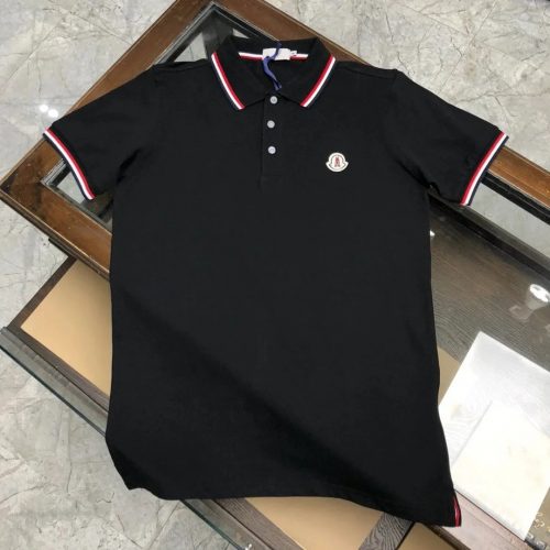 Moncler Striped Trim Cotton Polo Shirt Black