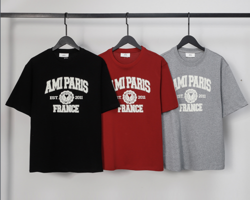 Ami Paris College Graphic Cotton T-Shirt Black Red and Gray