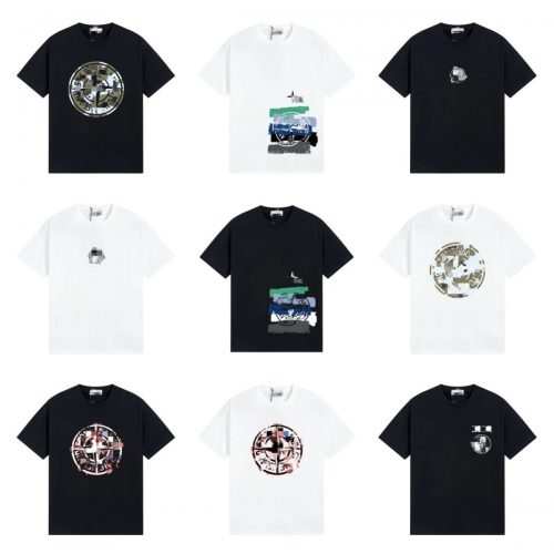 Stone Island Compass Graphic Cotton T-Shirt Black and White