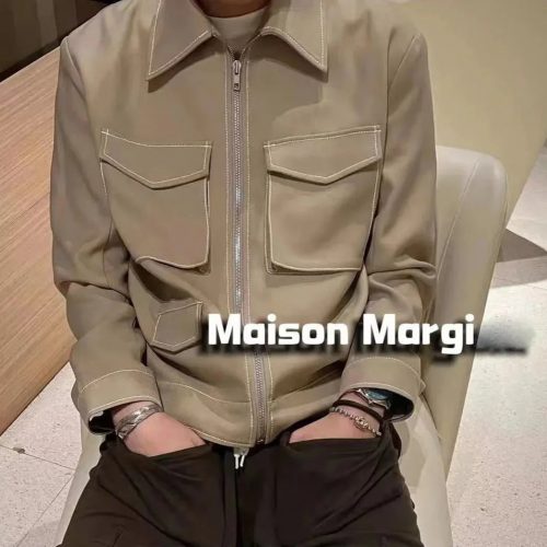 Maison Margiela MM6 Contrast Stitch Zip-Up Jacket Beige