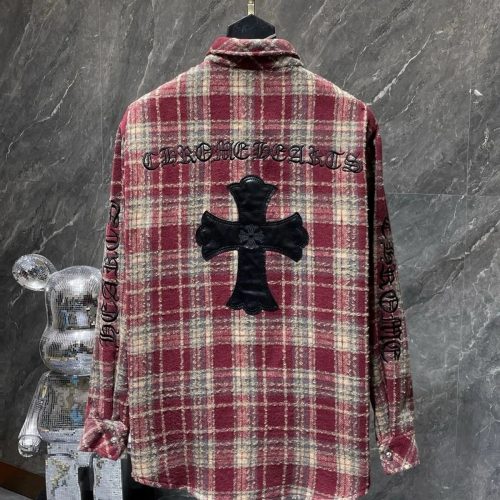 Chrome Hearts Leather Cross Plaid Flannel Shirt Red and Beige