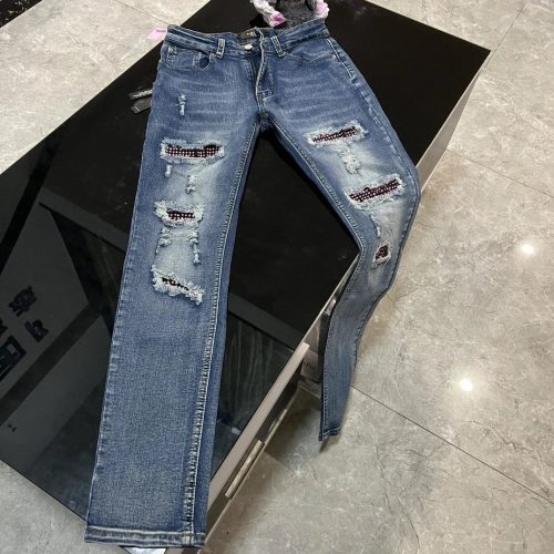 Amiri Distressed Rhinestone Slim Fit Jeans Blue