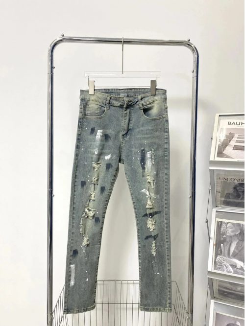 Design Distressed Paint Splatter Slim Fit Jeans Blue