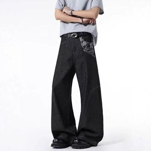 Design Wide Leg Denim Jeans Floral Patchwork Trousers Black