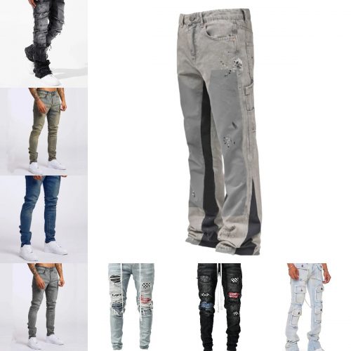 Design Distressed Patchwork Denim Jeans Streetwear Pants Gray