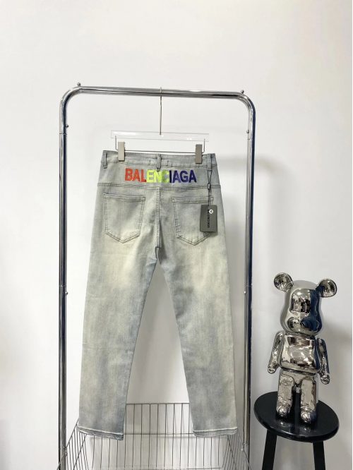 Balenciaga Rainbow Logo Denim Jeans Light Wash Trousers Blue