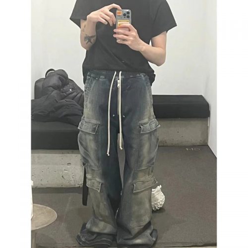 Rick Owens Cargo Denim Pants Distressed Streetwear Trousers Blue
