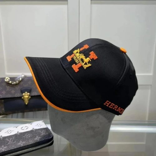Hermès Embroidered H Logo Cap Casual Headwear Black and Orange