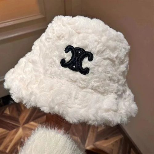Celine Triomphe Fuzzy Bucket Hat White