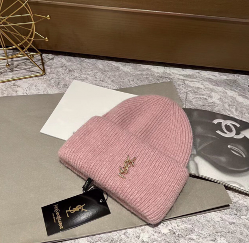 Yves Saint Laurent YSL Ribbed Knit Beanie Hat Pink