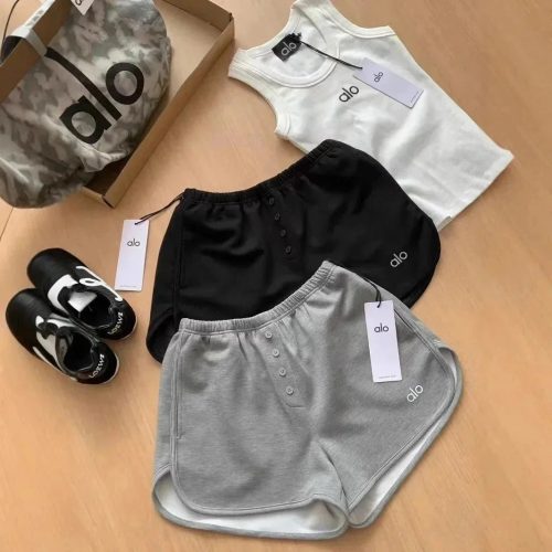 Alo Yoga Alo Ribbed Tank and Button Shorts Set Casual Athleisure Multicolor