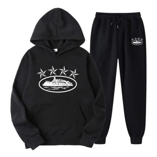 Corteiz Five Star Tracksuit Casual Hoodie and Joggers Set Black