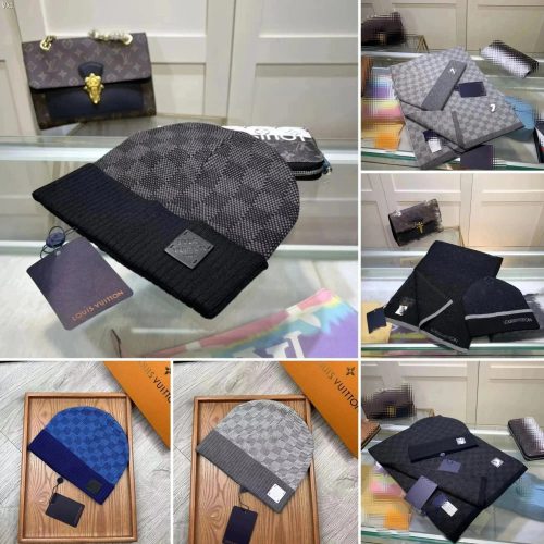 Louis Vuitton LV Damier Beanie and Scarf Knit Set Gray