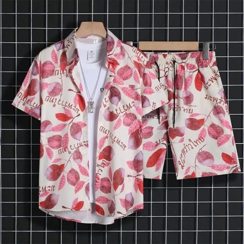 Design Tropical Leaf Print Casual Matching Set Beige and Red