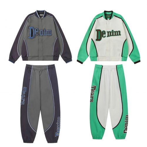 Denim Masters Colorblock Track Jacket and Pants Set Casual Outfit Green and Gray