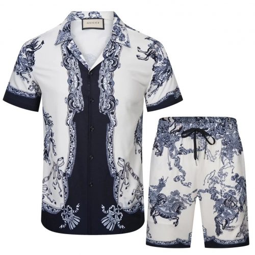 Gucci Horse Print Matching Set Short Sleeve Shirt and Shorts White and Navy
