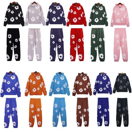 Denim Tears Floral Print Hoodie and Sweatpants Set Casual Tracksuit Multicolor