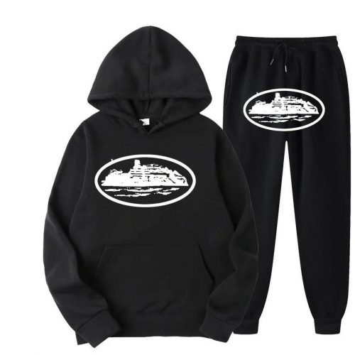 Corteiz Boat Logo Tracksuit Set Casual Hoodie and Joggers Black