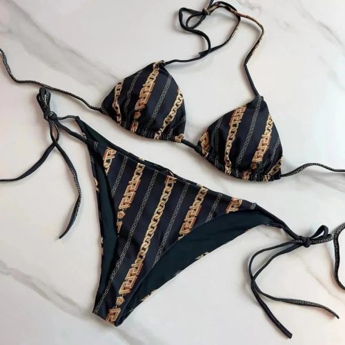 Versace Barocco Chain Print Bikini Set Black and Gold