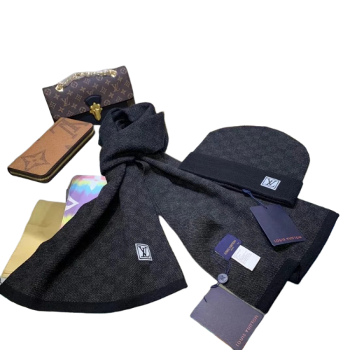 Louis Vuitton LV Petit Damier Scarf and Beanie Winter Accessories Set Gray