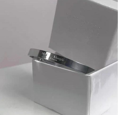 Maison Margiela MM6 Logo Engraved Minimalist Cuff Bracelet Silver