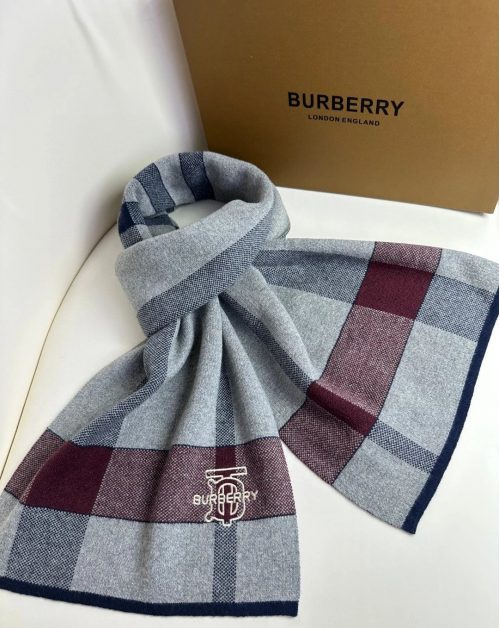 Burberry Check Wool Soft Scarf Gray and Burgundy