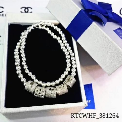Chanel Silver Beaded Necklace with Logo Charms Jewelry Silver