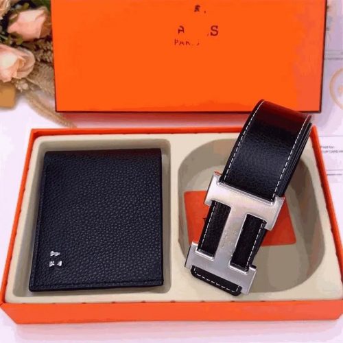 Hermes H Buckle Belt and Wallet Classic Leather Accessories Set Black