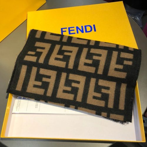 Fendi FF Logo Jacquard Wool Scarf Brown and Black