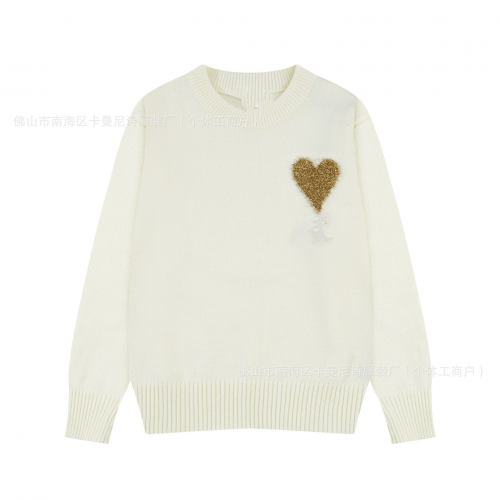 Ami Paris Gold Heart Knit Sweater Cozy Pullover White