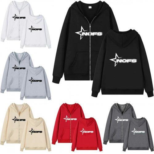 NOFS Star Print Oversized Zip-Up Hoodie Black