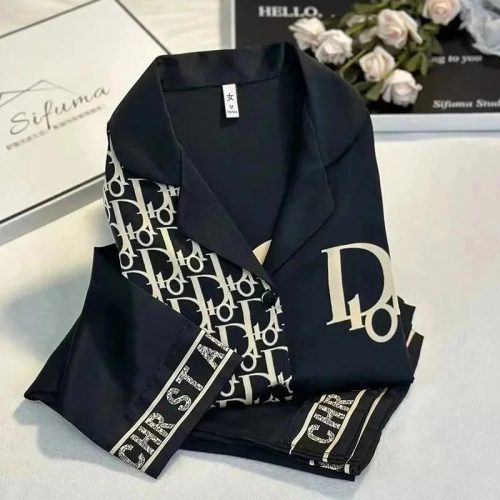 Dior Oblique Print Pajama Set Casual Sleepwear Black and Beige