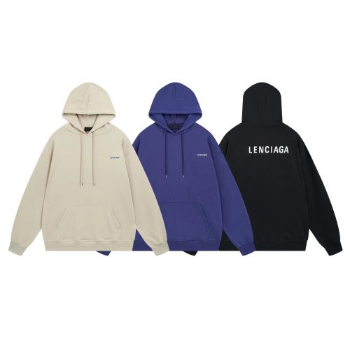 Balenciaga Logo Print Hoodie Casual Pullover Sweatshirt Beige Blue and Black