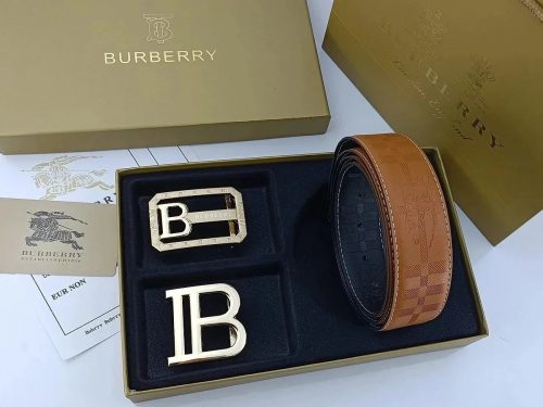 Burberry TB Buckle Leather Belt Set Classic Check Brown