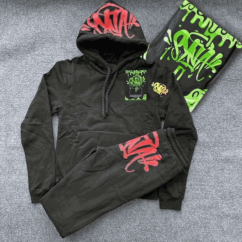 Design Graffiti Print Streetwear Tracksuit Set Black